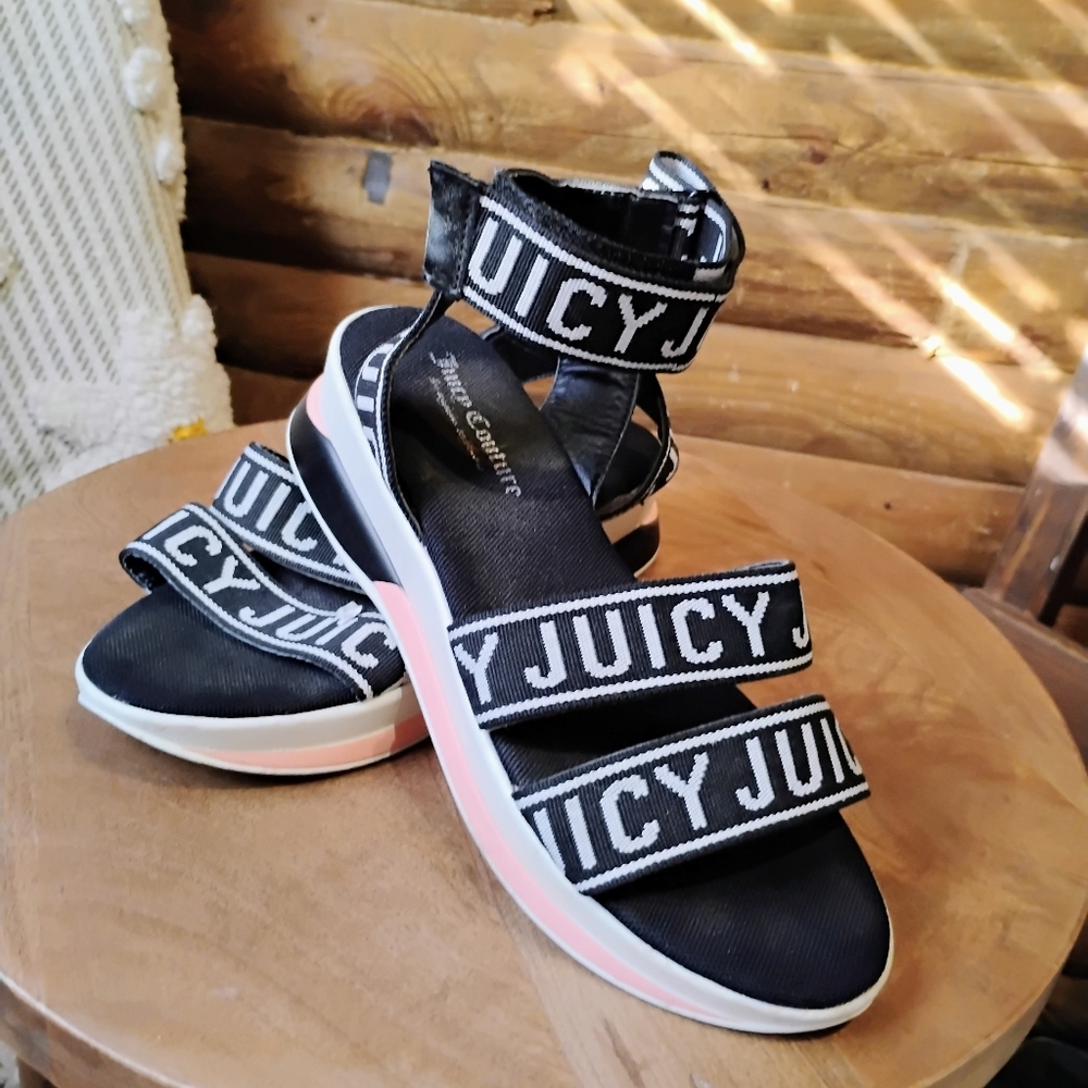 Juicy Couture Impulse Wedge Sandals Ankle Logo 8 Black White Pink